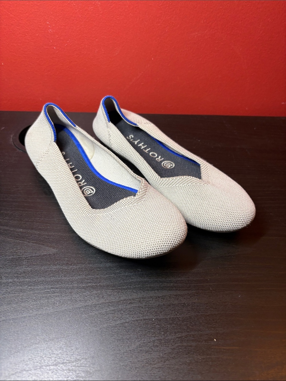 Rothy's Beige Knit Ballet Flats with Blue Trim